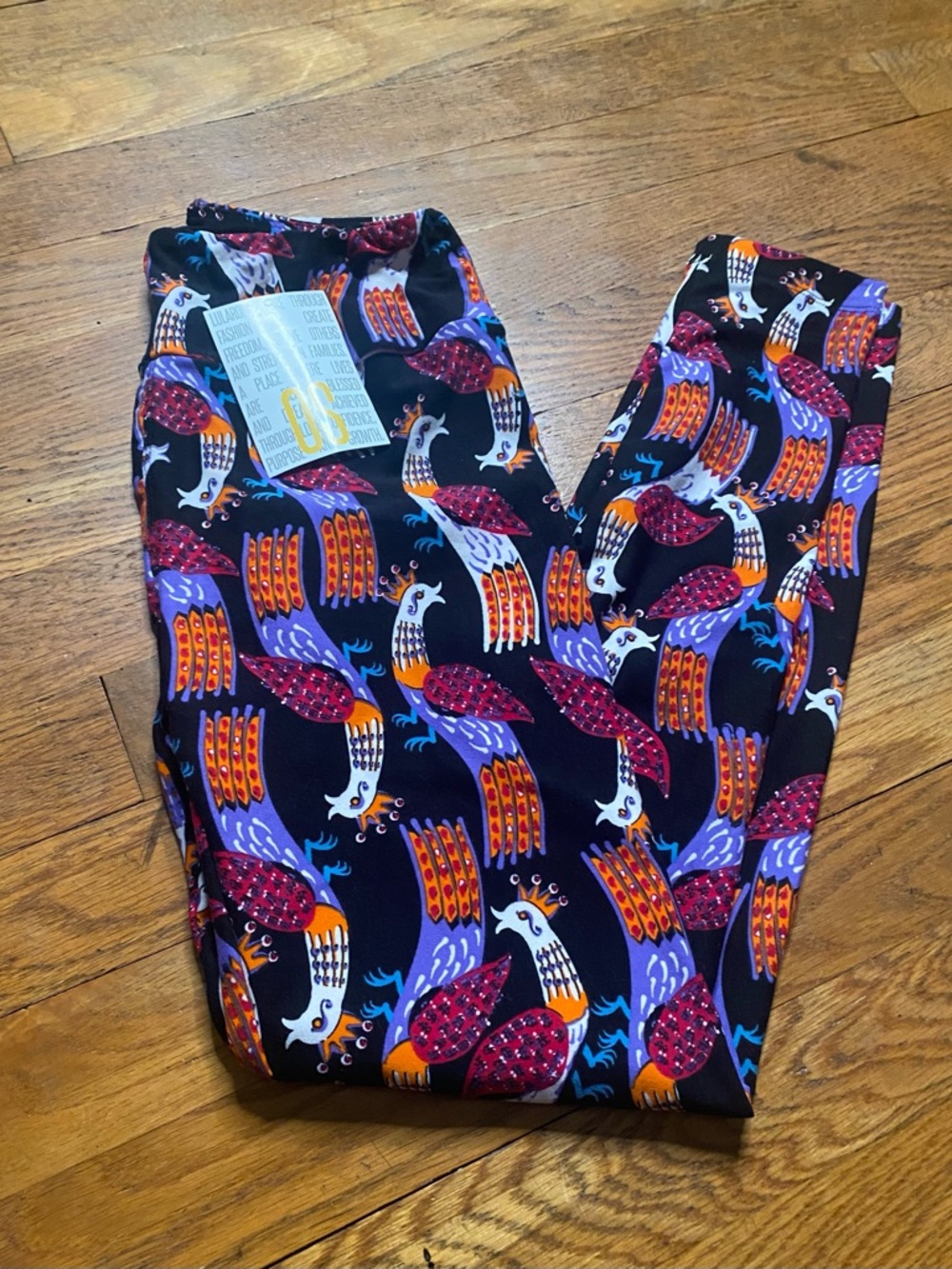 LulaRoe OS Black Peacock Bird Print Leggings Buttery Soft One Size - Picture 5 of 5
